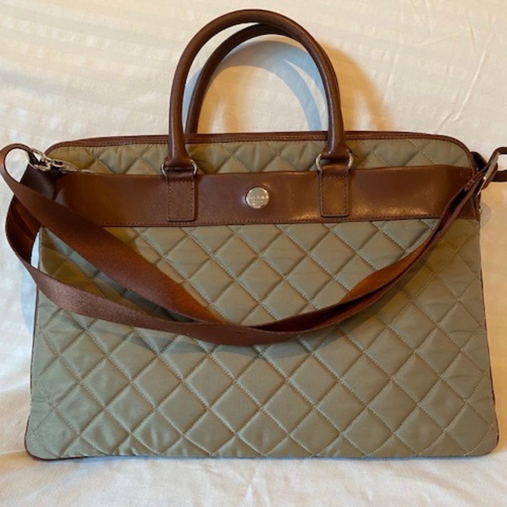 KNOMO LONDON Avignon Khaki Quilted 15" Slim Briefcase w/Bronze Leather Trim